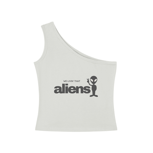 We Livin That Aliens (Peace) One-Shoulder Crop T-Shirt