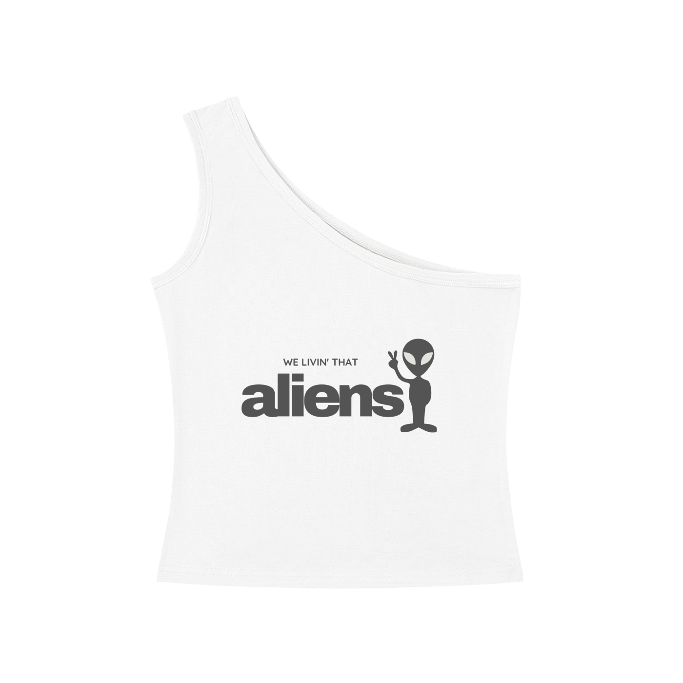 We Livin That Aliens (Peace) One-Shoulder Crop T-Shirt