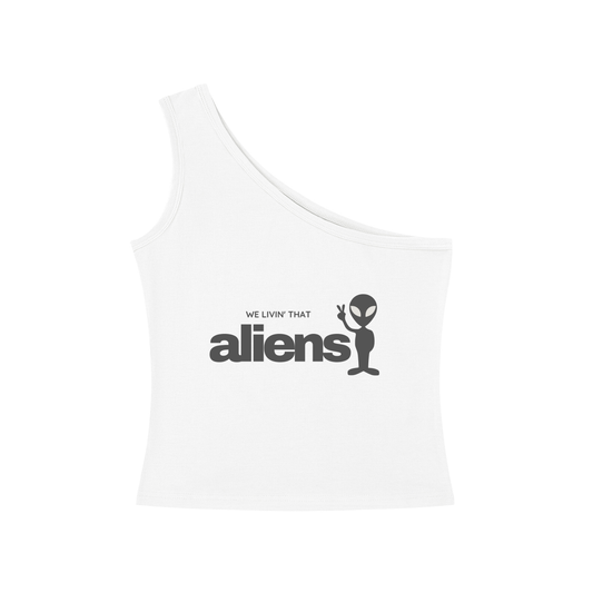 We Livin That Aliens (Peace) One-Shoulder Crop T-Shirt